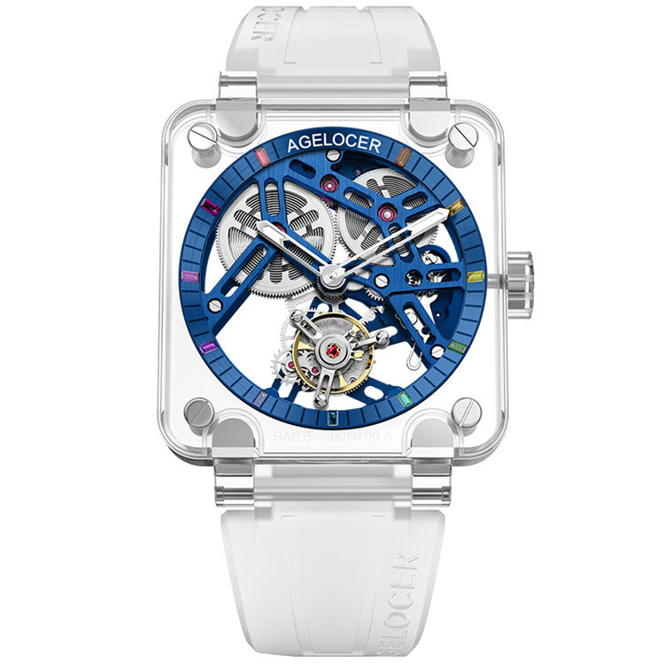 Agelocer Manual Winding Tourbillon Men's Limited Edition Full Sapphire Blue Skeleton Mechanical Watch