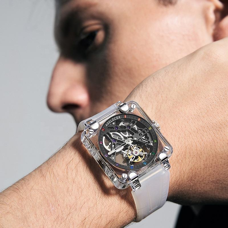 Agelocer Manual Winding Tourbillon Men's Limited Edition Full Sapphire Blue Skeleton Mechanical Watch