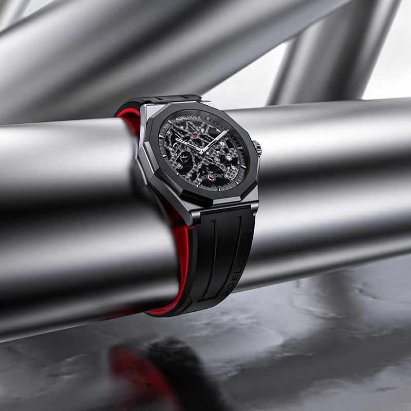 Agelocer Schwarzwald Men's Double Skeleton Automatic Mechanical Watch - Ceramic Bezel