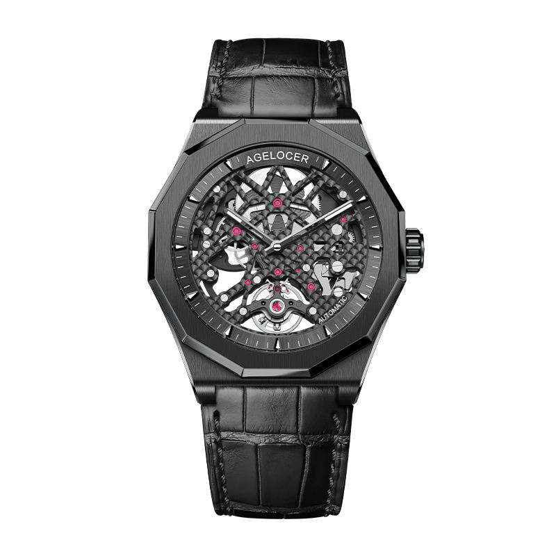 Agelocer Schwarzwald Men's Double Skeleton Automatic Mechanical Watch - Ceramic Bezel